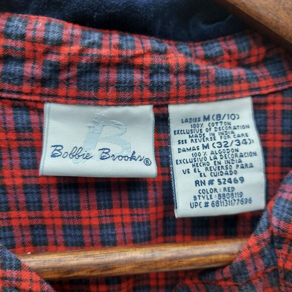 Bobbie Brooks Ladies M Red Plaid Button-Up Shirt W/ Navy Collar & Christmas Embr - Picture 3 of 3